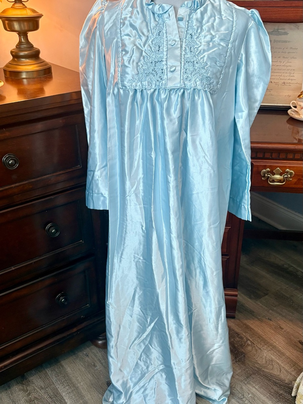 Vintage Beth Michaels Blue Satin Nightgown 1980s Ruffle Lace Granny Cottagecore